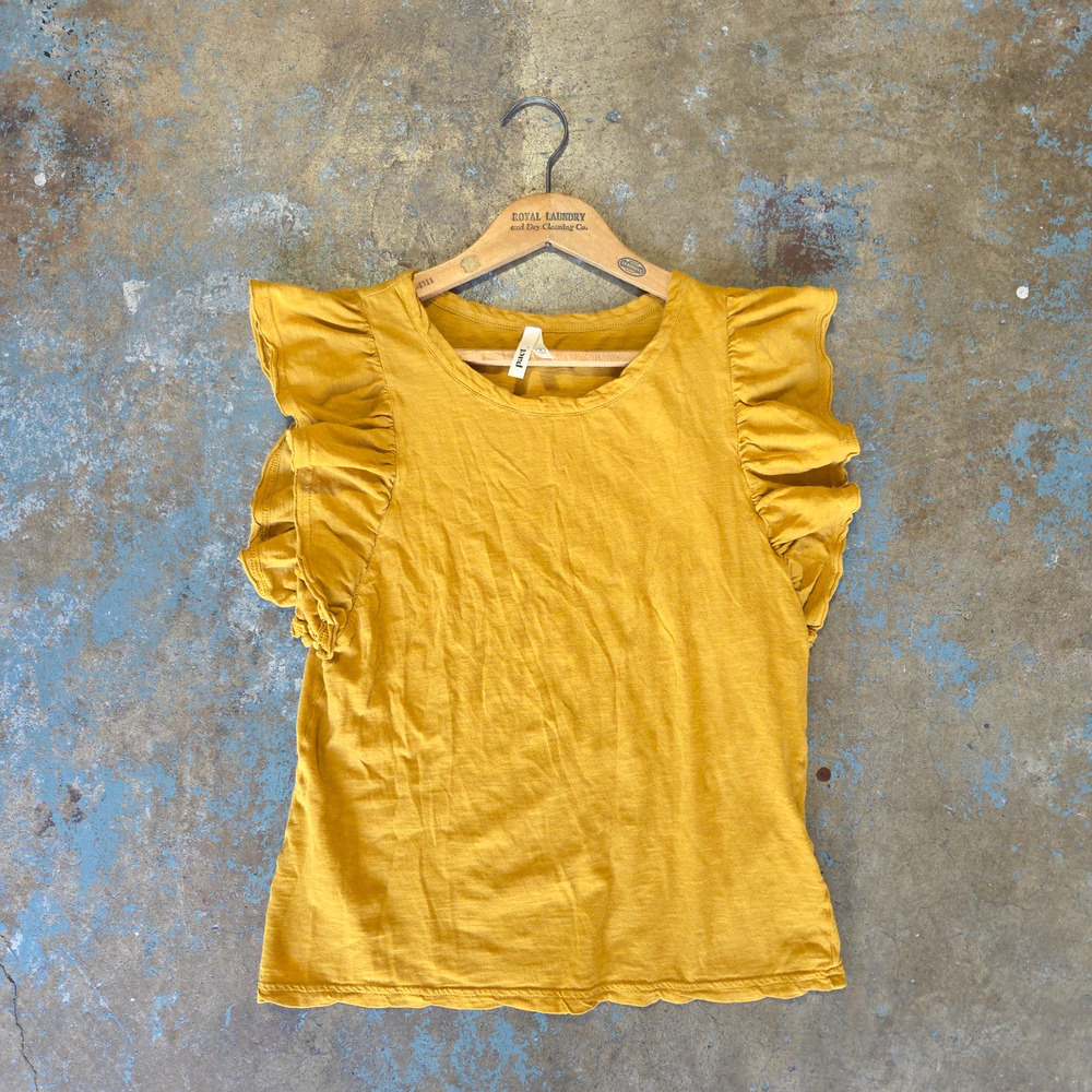Pact Organic Tissue Slub Femme Ruffle Tee Size S Mustard Yellow Flutter Sleeve